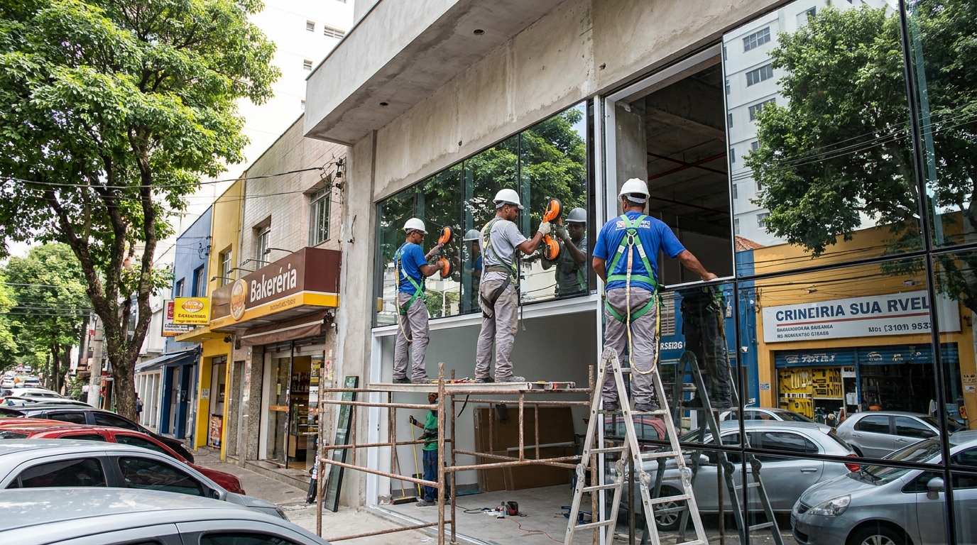 Fachada de vidro com confeitaria vizinha em Ipatinga-MG