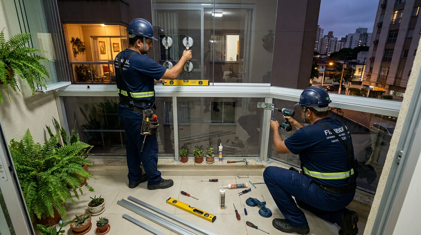 Instalação noturna de parede de vidro em Ipatinga-MG