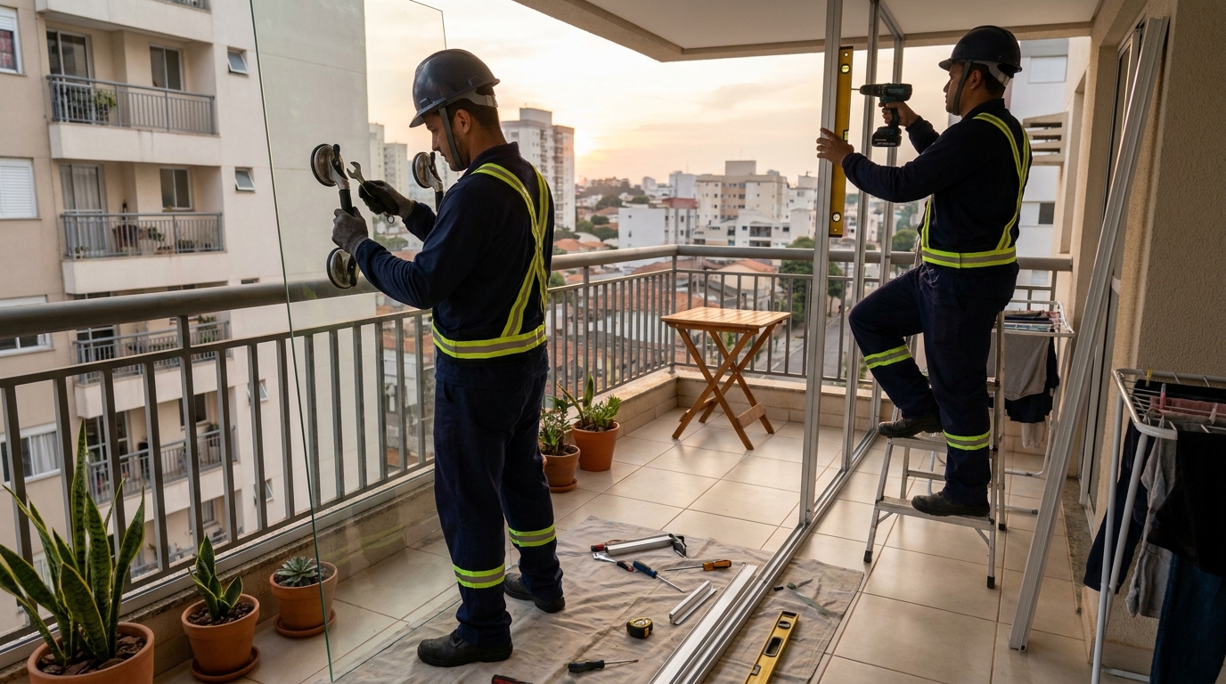 Instalação de parede de vidro em sacada em Ipatinga-MG